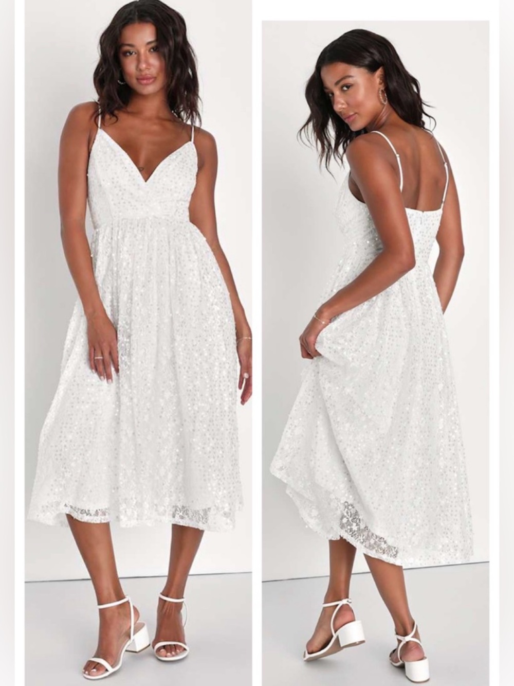 LULUS Dreamy Drama White Lace Sequin Wedding A-Line Midi Cocktail Dress Sz S